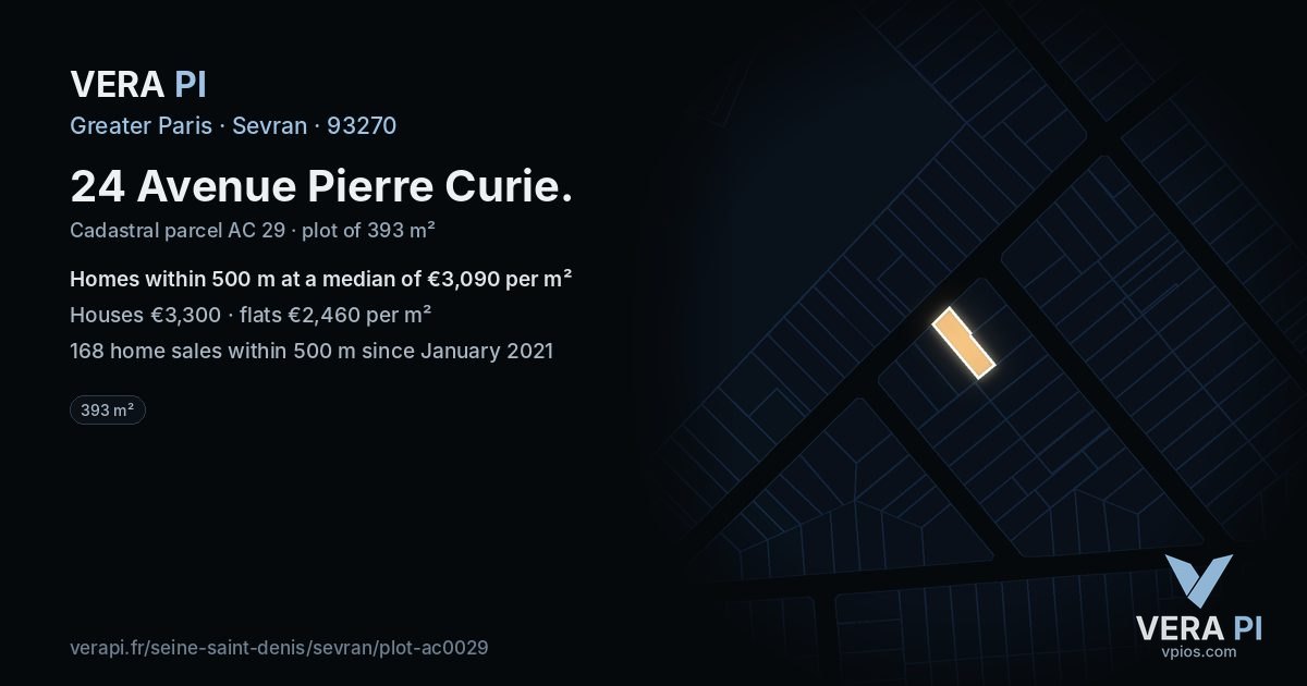 24 Avenue Pierre Curie, Sevran at night – the plot lit, the parcels around coloured by the prices near them