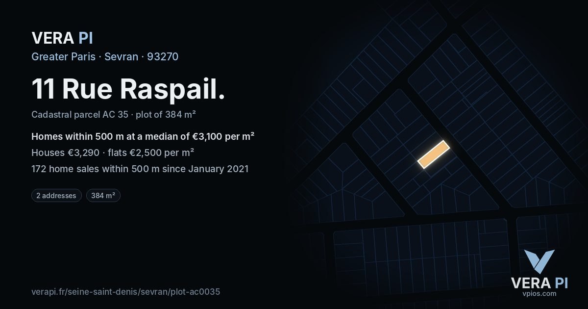 11 Rue Raspail, Sevran at night – the plot lit, the parcels around coloured by the prices near them