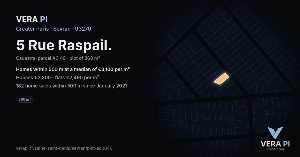 5 Rue Raspail, Sevran at night – the plot lit, the parcels around coloured by the prices near them