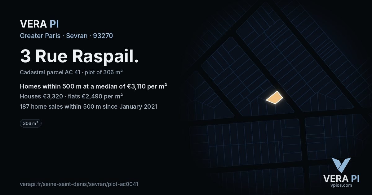 3 Rue Raspail, Sevran at night – the plot lit, the parcels around coloured by the prices near them