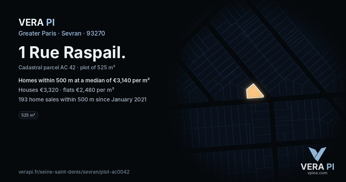 1 Rue Raspail, Sevran at night – the plot lit, the parcels around coloured by the prices near them