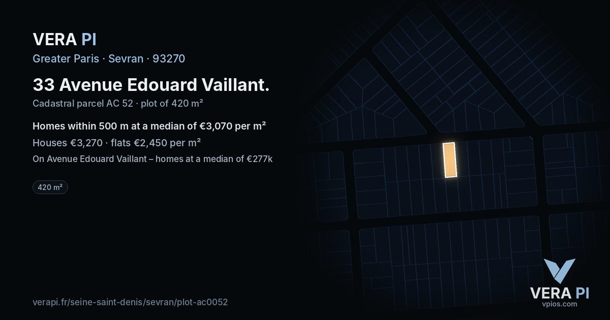 33 Avenue Edouard Vaillant, Sevran at night – the plot lit, the parcels around coloured by the prices near them