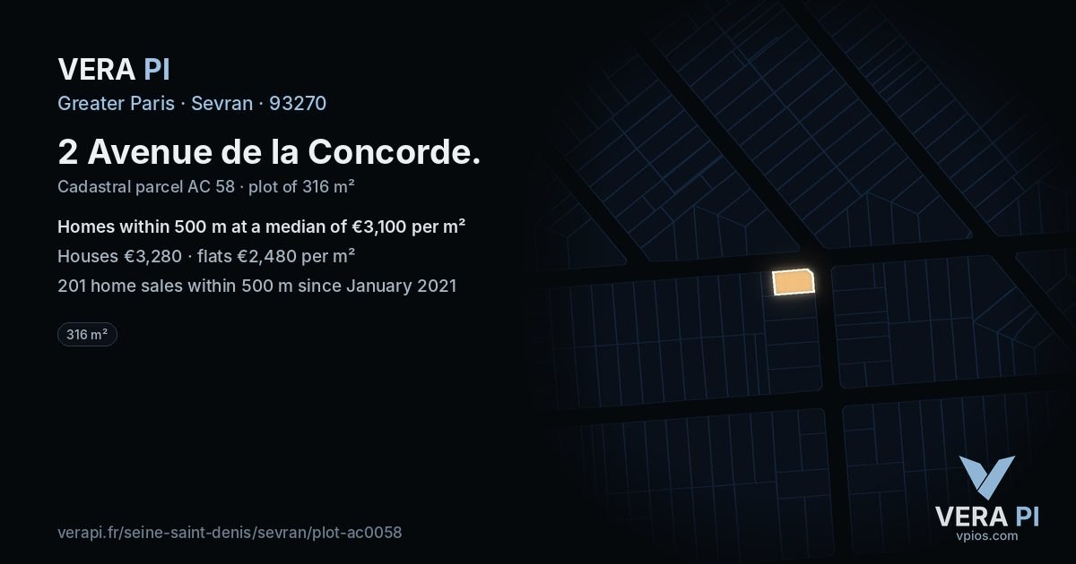 2 Avenue de la Concorde, Sevran at night – the plot lit, the parcels around coloured by the prices near them