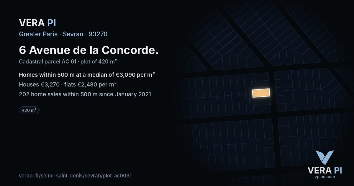 6 Avenue de la Concorde, Sevran at night – the plot lit, the parcels around coloured by the prices near them