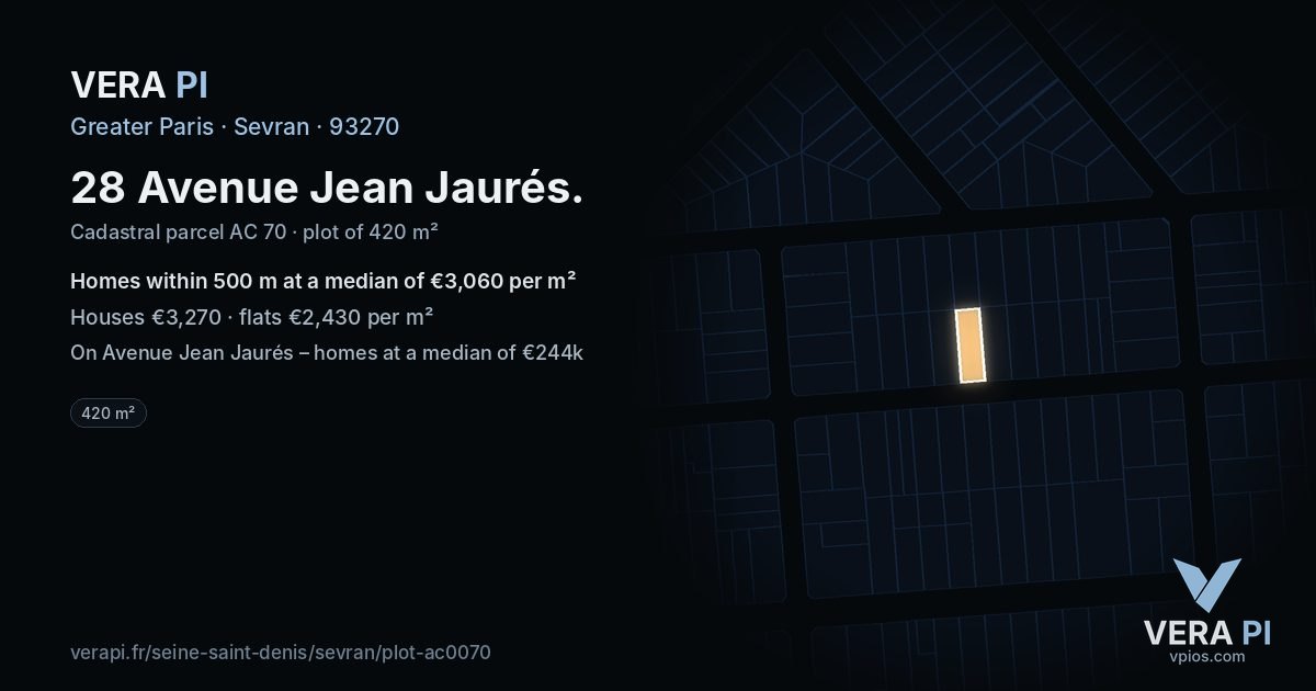 28 Avenue Jean Jaurés, Sevran at night – the plot lit, the parcels around coloured by the prices near them