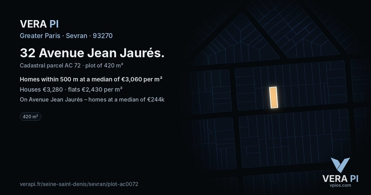 32 Avenue Jean Jaurés, Sevran at night – the plot lit, the parcels around coloured by the prices near them