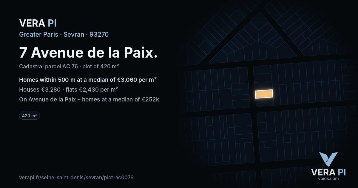 7 Avenue de la Paix, Sevran at night – the plot lit, the parcels around coloured by the prices near them