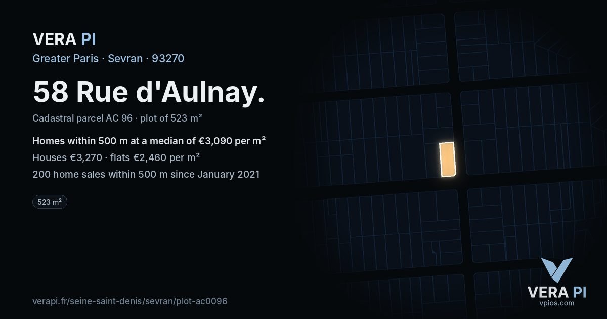 58 Rue d'Aulnay, Sevran at night – the plot lit, the parcels around coloured by the prices near them