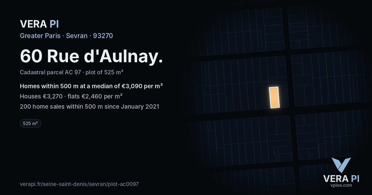 60 Rue d'Aulnay, Sevran at night – the plot lit, the parcels around coloured by the prices near them