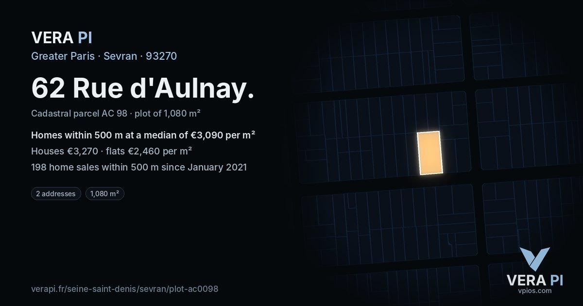 62 Rue d'Aulnay, Sevran at night – the plot lit, the parcels around coloured by the prices near them