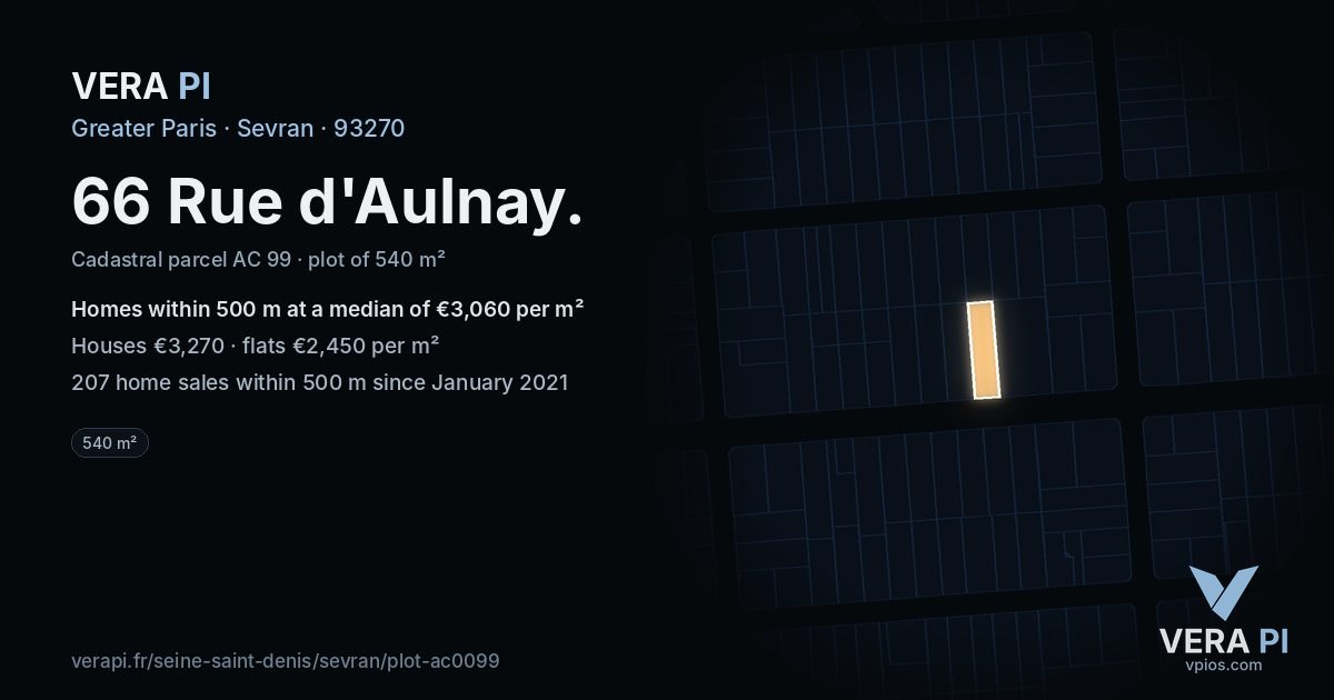 66 Rue d'Aulnay, Sevran at night – the plot lit, the parcels around coloured by the prices near them