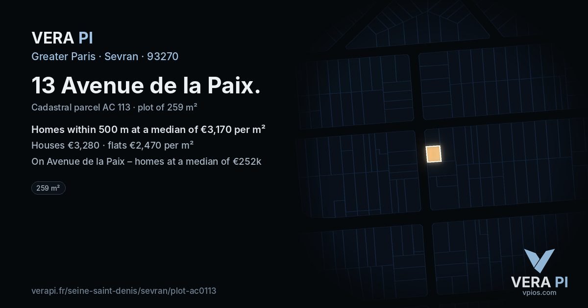13 Avenue de la Paix, Sevran at night – the plot lit, the parcels around coloured by the prices near them