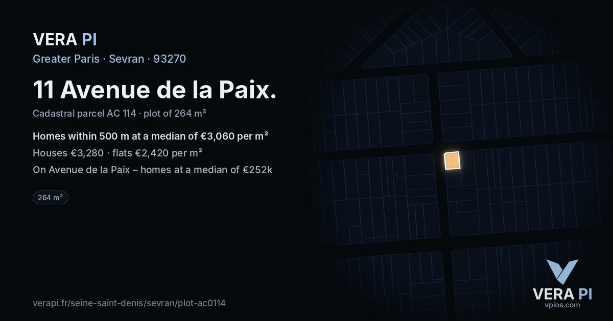 11 Avenue de la Paix, Sevran at night – the plot lit, the parcels around coloured by the prices near them