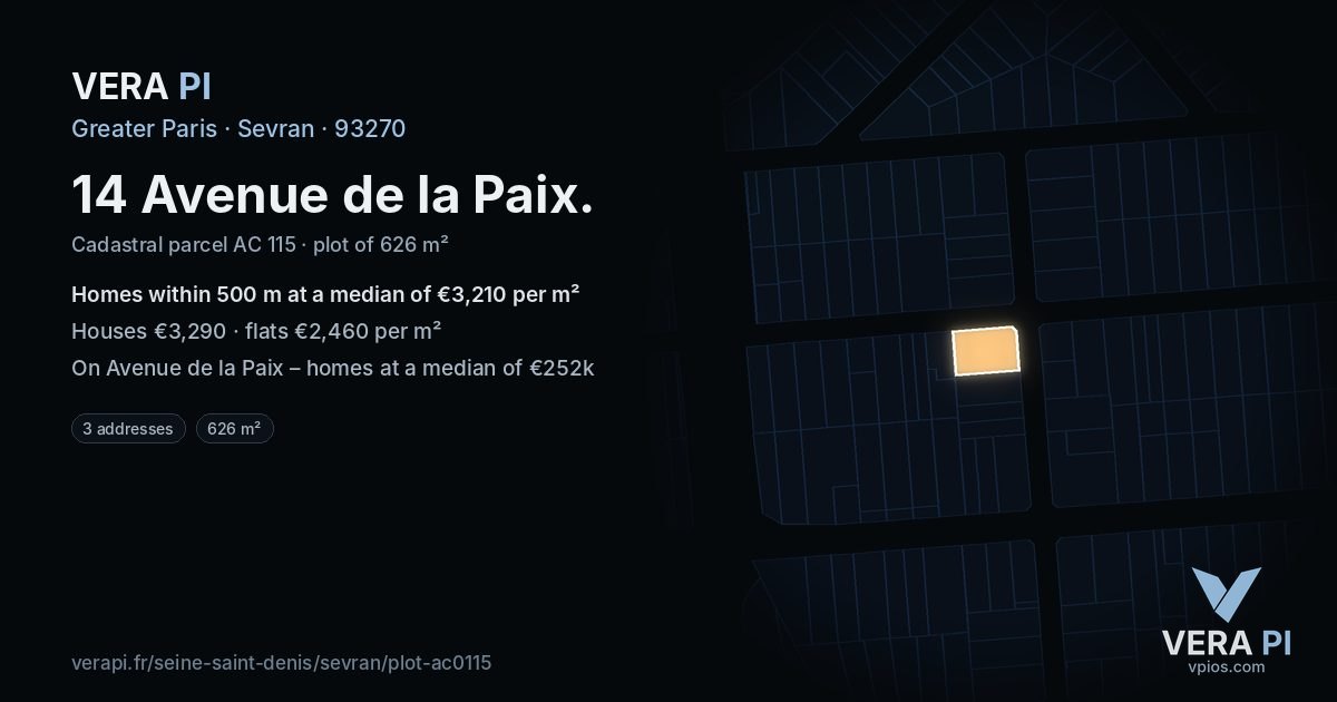 14 Avenue de la Paix, Sevran at night – the plot lit, the parcels around coloured by the prices near them
