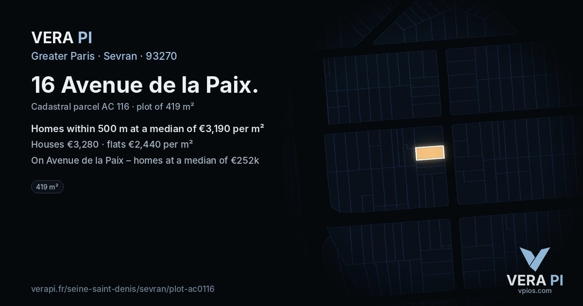 16 Avenue de la Paix, Sevran at night – the plot lit, the parcels around coloured by the prices near them