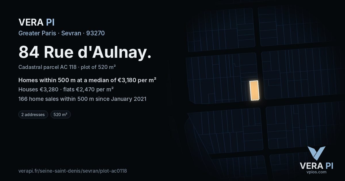 84 Rue d'Aulnay, Sevran at night – the plot lit, the parcels around coloured by the prices near them