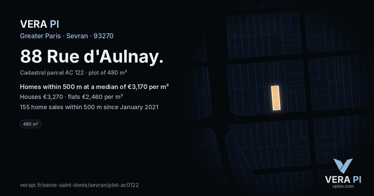 88 Rue d'Aulnay, Sevran at night – the plot lit, the parcels around coloured by the prices near them