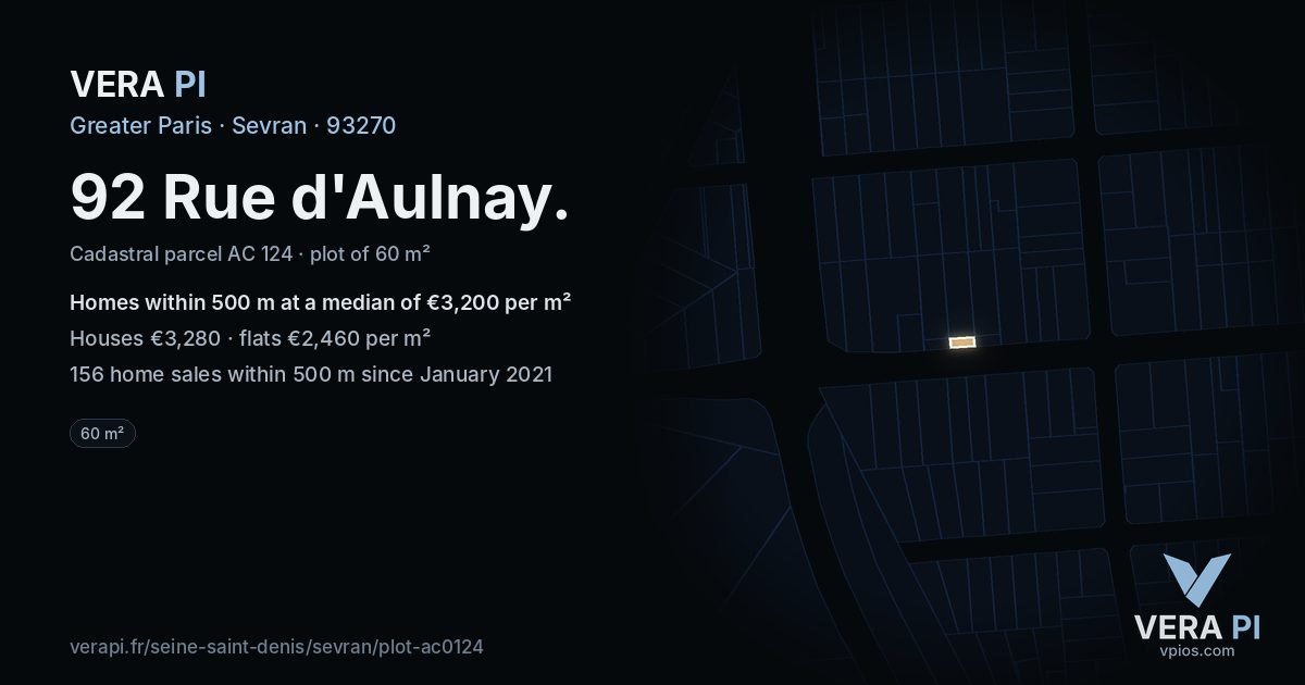 92 Rue d'Aulnay, Sevran at night – the plot lit, the parcels around coloured by the prices near them