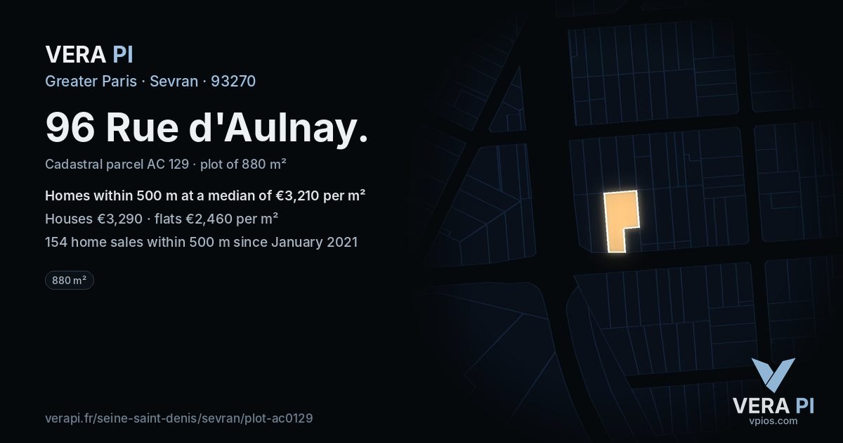96 Rue d'Aulnay, Sevran at night – the plot lit, the parcels around coloured by the prices near them