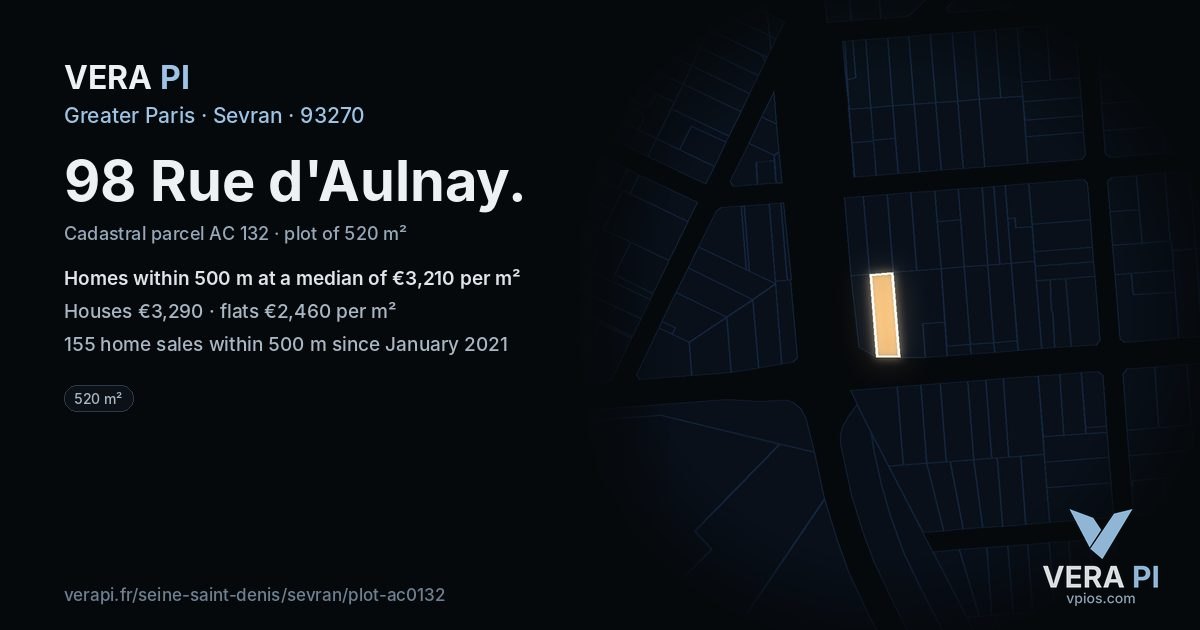 98 Rue d'Aulnay, Sevran at night – the plot lit, the parcels around coloured by the prices near them