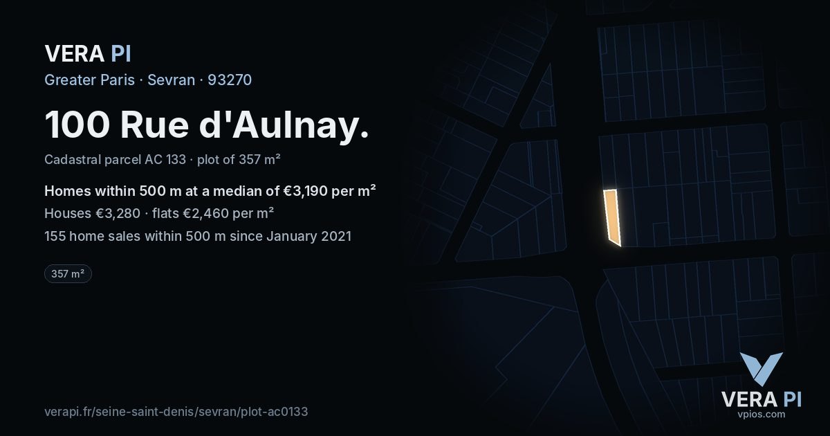 100 Rue d'Aulnay, Sevran at night – the plot lit, the parcels around coloured by the prices near them