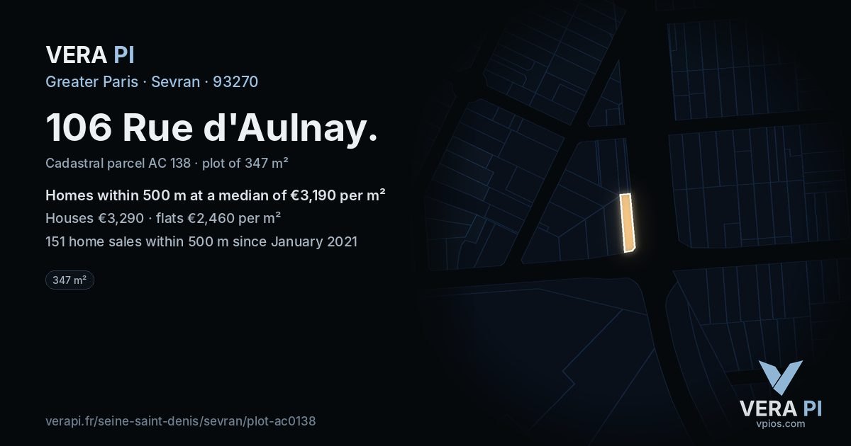 106 Rue d'Aulnay, Sevran at night – the plot lit, the parcels around coloured by the prices near them