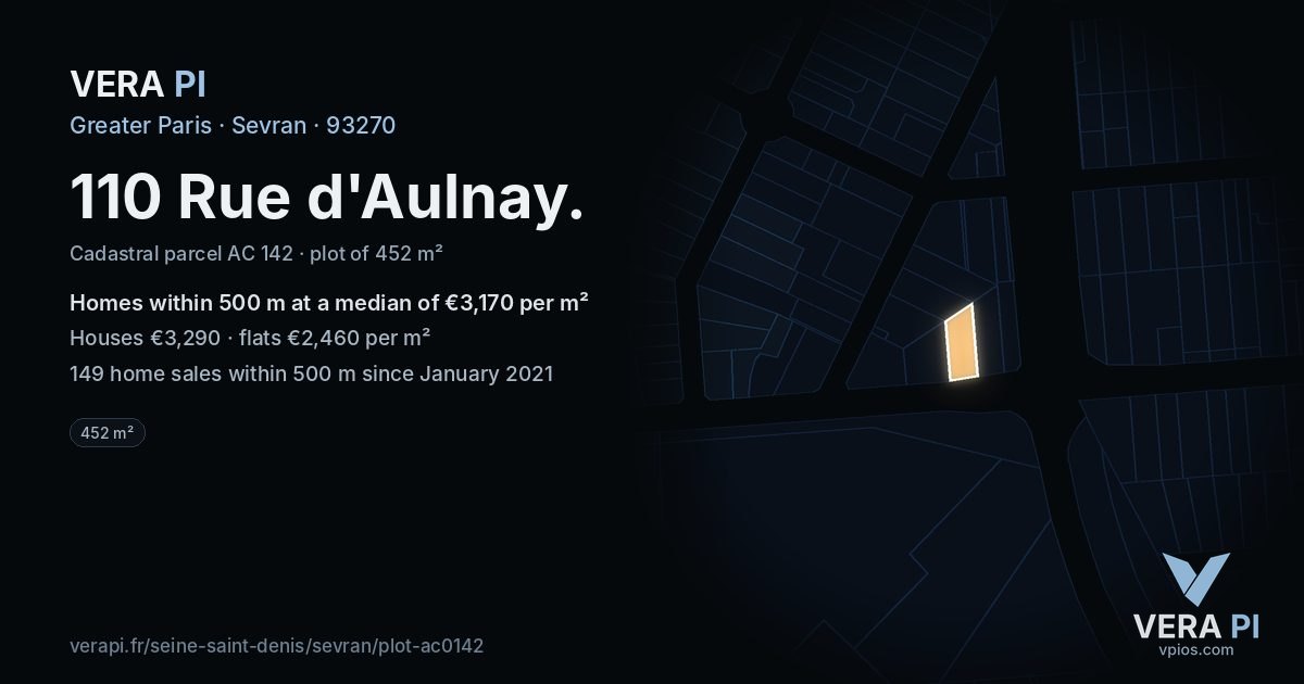 110 Rue d'Aulnay, Sevran at night – the plot lit, the parcels around coloured by the prices near them