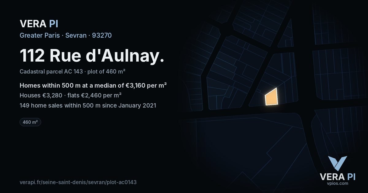 112 Rue d'Aulnay, Sevran at night – the plot lit, the parcels around coloured by the prices near them