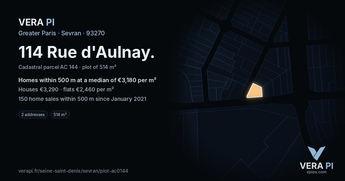 114 Rue d'Aulnay, Sevran at night – the plot lit, the parcels around coloured by the prices near them