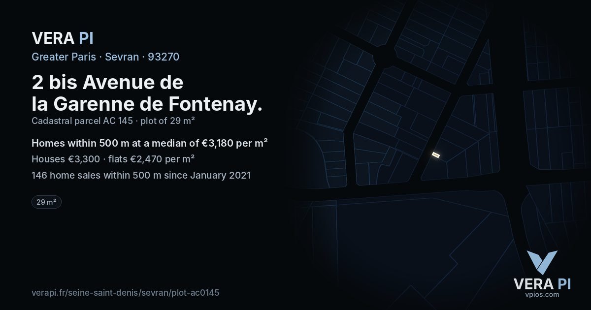 2 bis Avenue de la Garenne de Fontenay, Sevran at night – the plot lit, the parcels around coloured by the prices near them