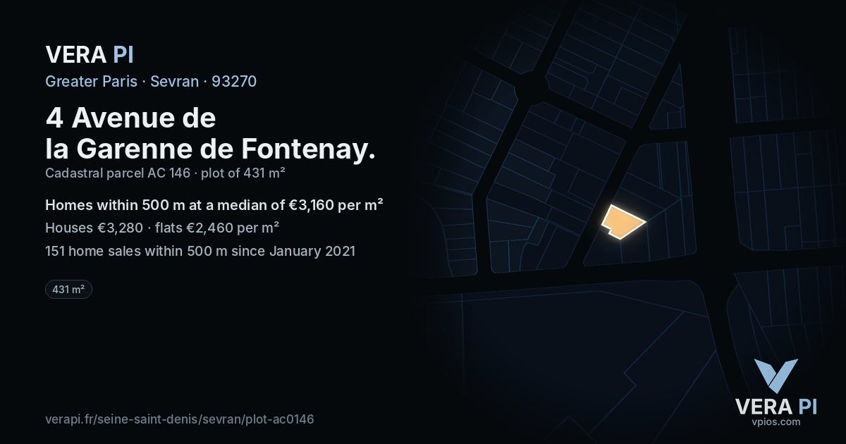4 Avenue de la Garenne de Fontenay, Sevran at night – the plot lit, the parcels around coloured by the prices near them