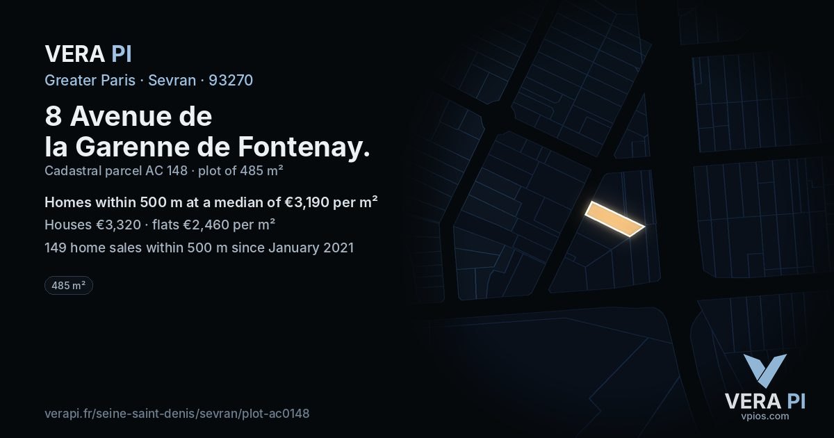 8 Avenue de la Garenne de Fontenay, Sevran at night – the plot lit, the parcels around coloured by the prices near them
