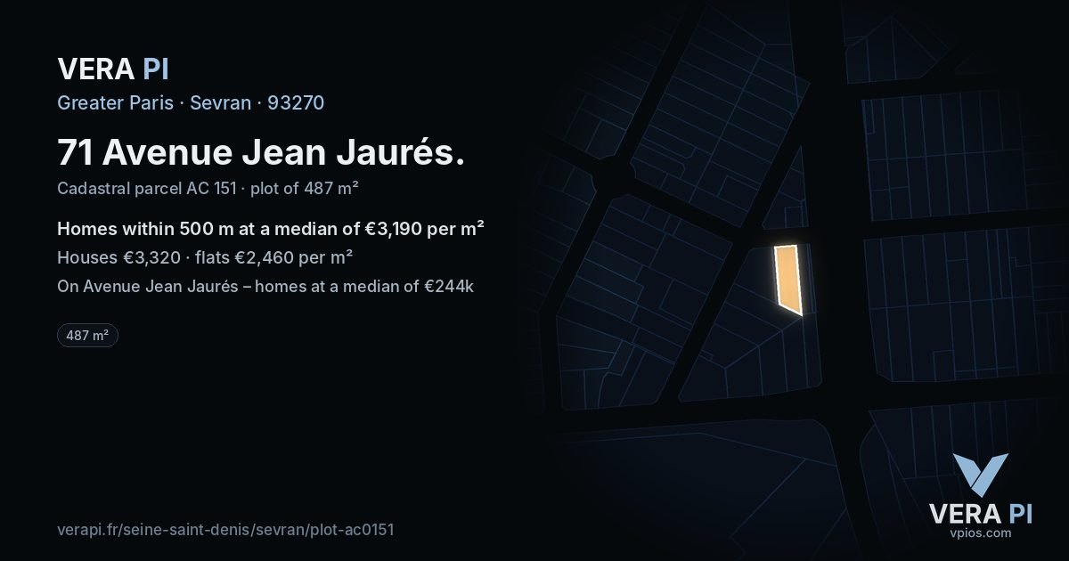 71 Avenue Jean Jaurés, Sevran at night – the plot lit, the parcels around coloured by the prices near them