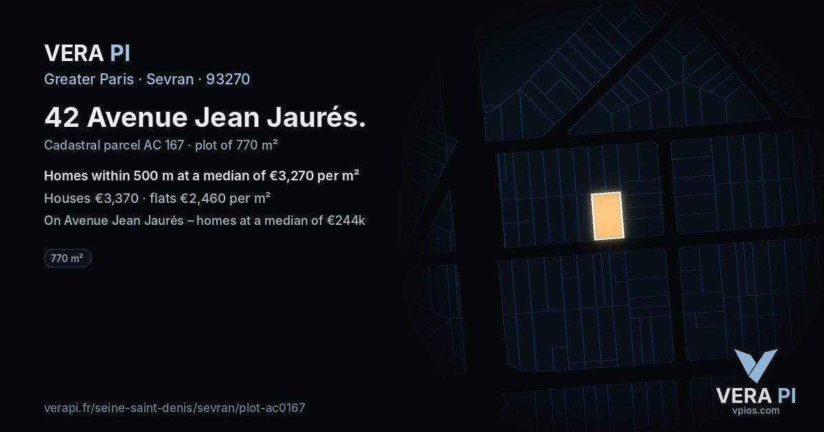 42 Avenue Jean Jaurés, Sevran at night – the plot lit, the parcels around coloured by the prices near them