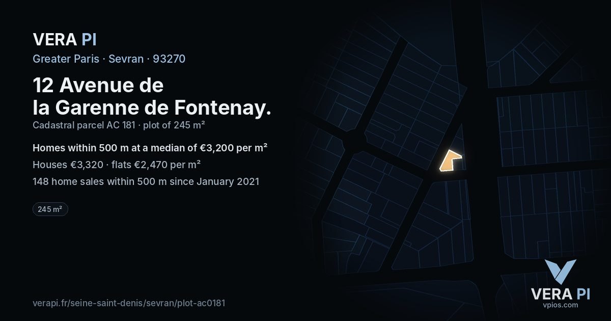 12 Avenue de la Garenne de Fontenay, Sevran at night – the plot lit, the parcels around coloured by the prices near them