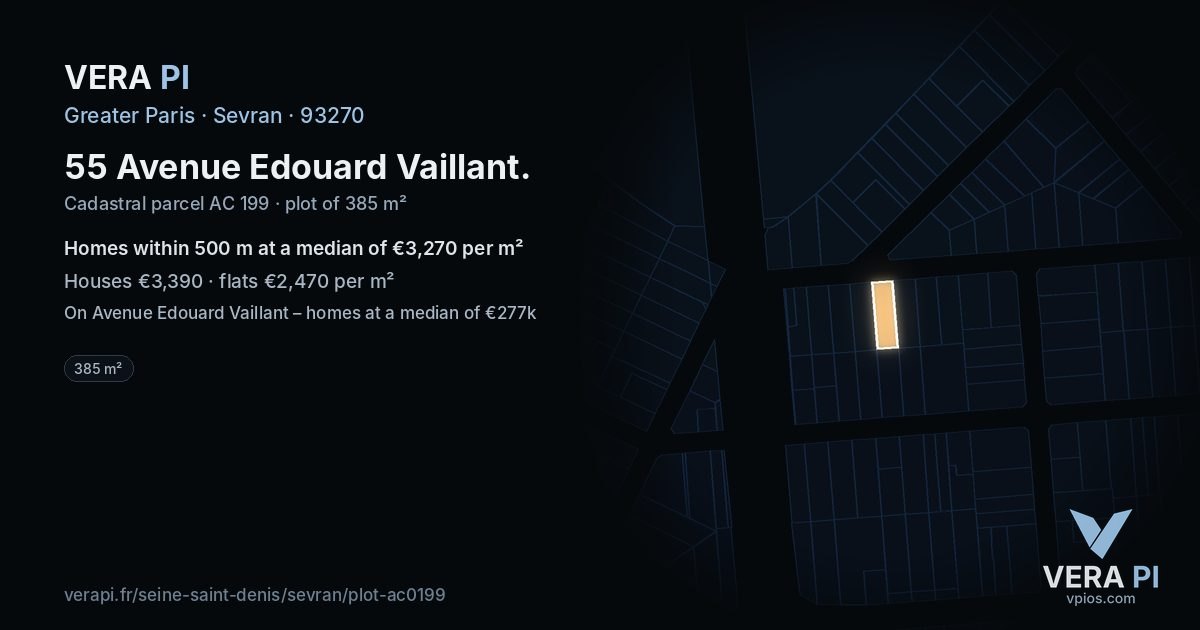 55 Avenue Edouard Vaillant, Sevran at night – the plot lit, the parcels around coloured by the prices near them