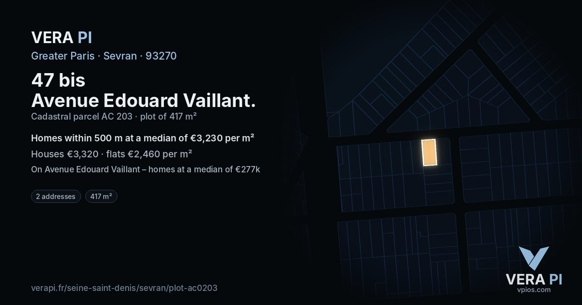 47 bis Avenue Edouard Vaillant, Sevran at night – the plot lit, the parcels around coloured by the prices near them