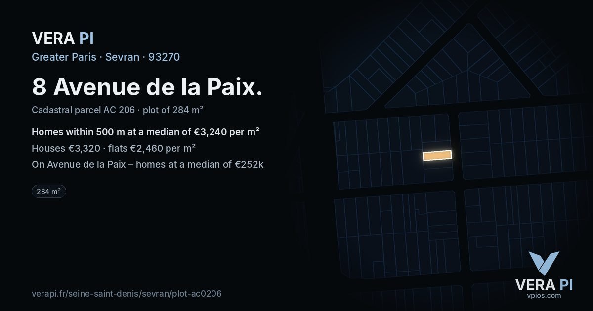 8 Avenue de la Paix, Sevran at night – the plot lit, the parcels around coloured by the prices near them