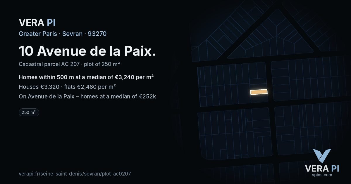 10 Avenue de la Paix, Sevran at night – the plot lit, the parcels around coloured by the prices near them