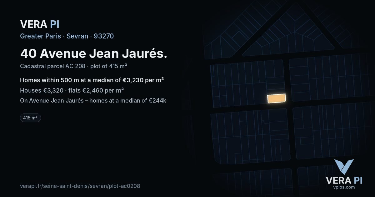 40 Avenue Jean Jaurés, Sevran at night – the plot lit, the parcels around coloured by the prices near them