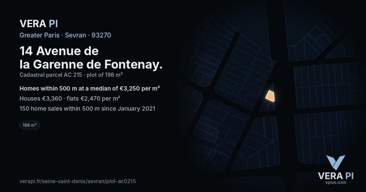 14 Avenue de la Garenne de Fontenay, Sevran at night – the plot lit, the parcels around coloured by the prices near them