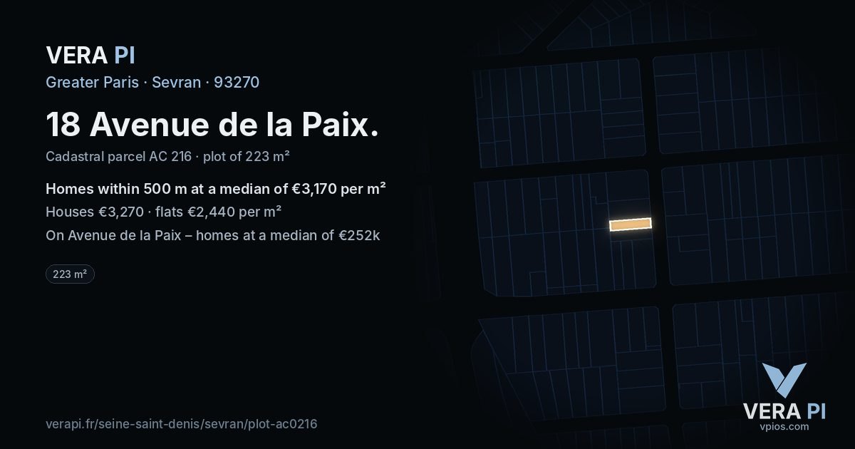 18 Avenue de la Paix, Sevran at night – the plot lit, the parcels around coloured by the prices near them