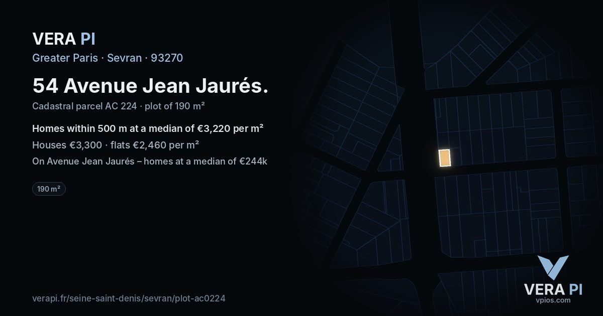 54 Avenue Jean Jaurés, Sevran at night – the plot lit, the parcels around coloured by the prices near them