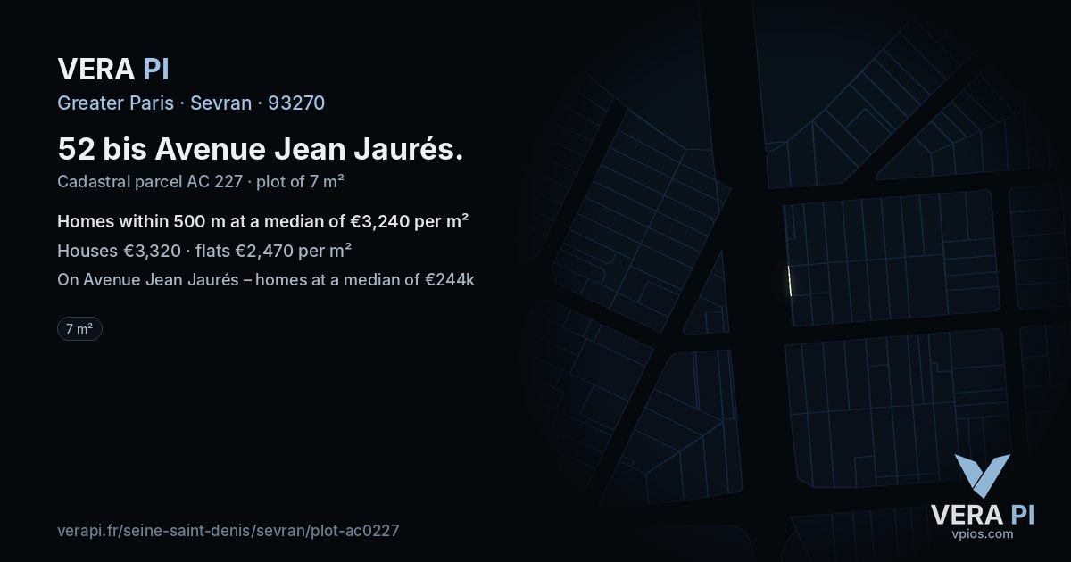 52 bis Avenue Jean Jaurés, Sevran at night – the plot lit, the parcels around coloured by the prices near them