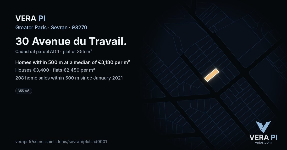 30 Avenue du Travail, Sevran at night – the plot lit, the parcels around coloured by the prices near them