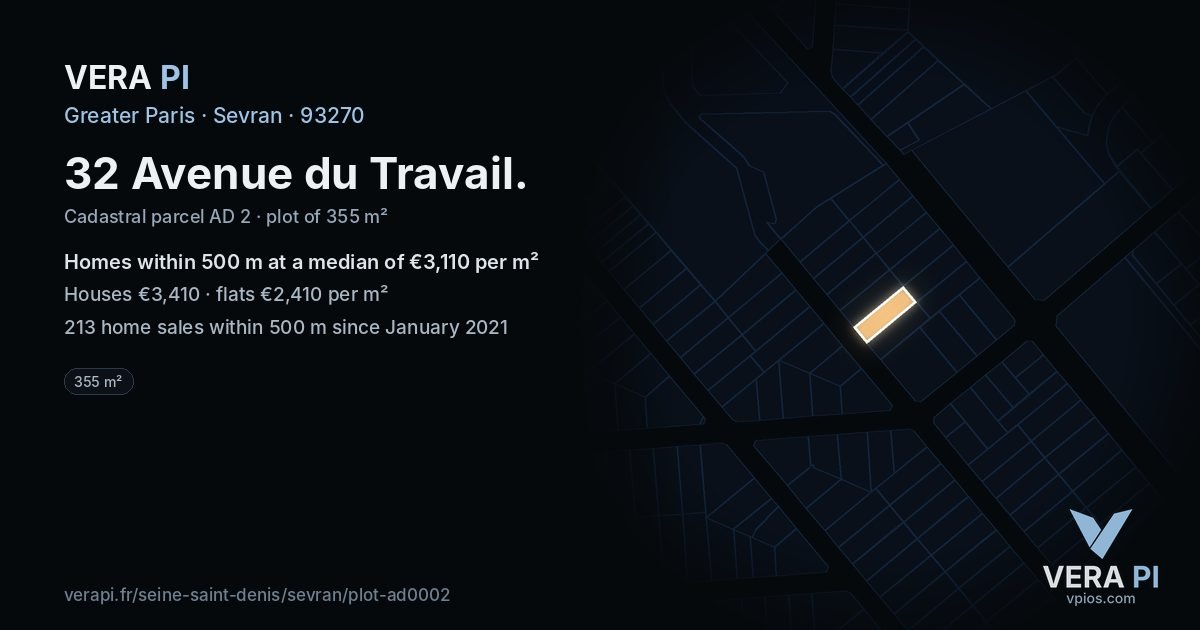 32 Avenue du Travail, Sevran at night – the plot lit, the parcels around coloured by the prices near them