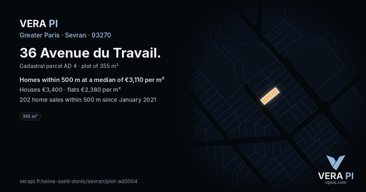 36 Avenue du Travail, Sevran at night – the plot lit, the parcels around coloured by the prices near them