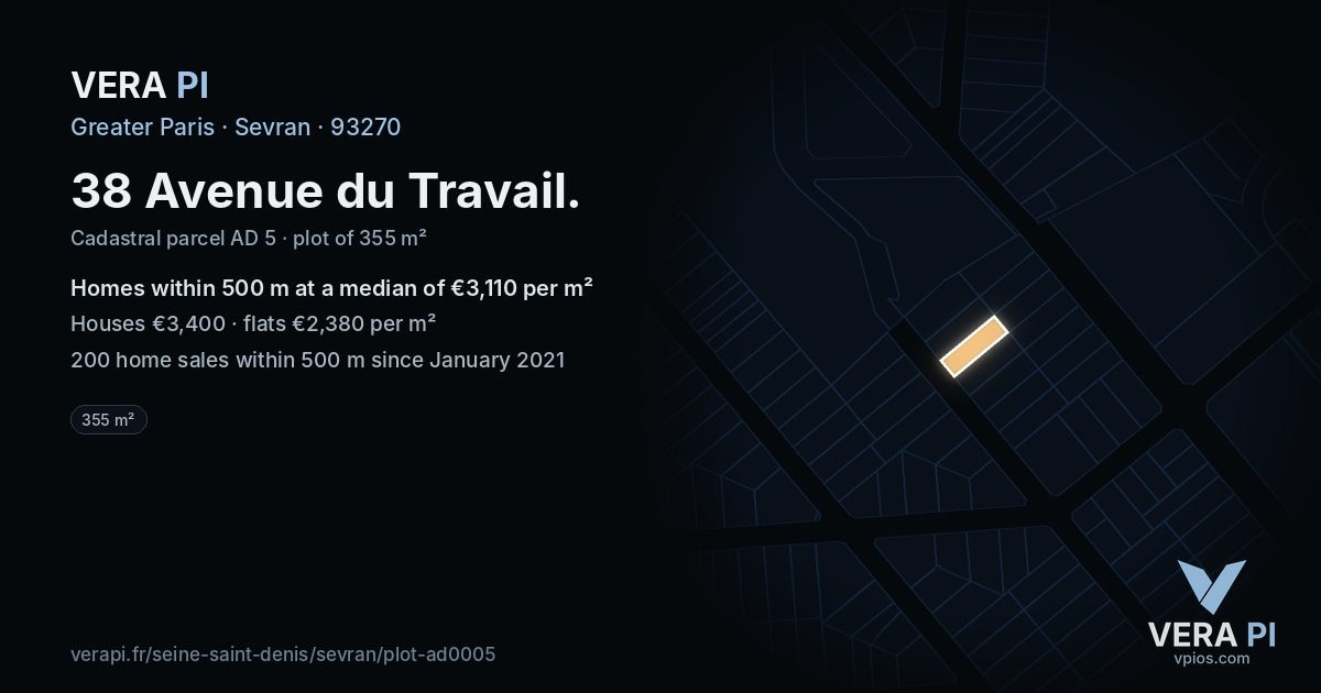 38 Avenue du Travail, Sevran at night – the plot lit, the parcels around coloured by the prices near them