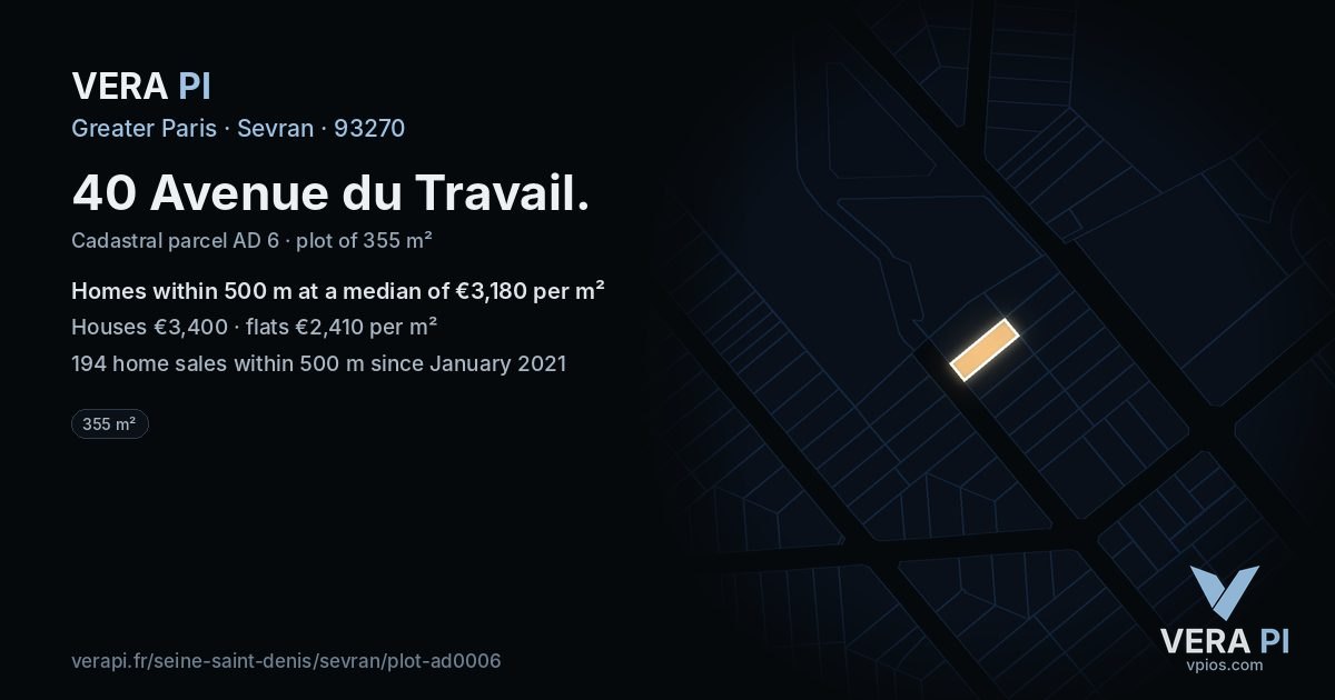 40 Avenue du Travail, Sevran at night – the plot lit, the parcels around coloured by the prices near them