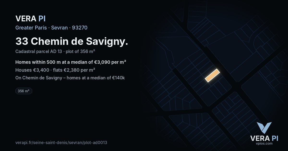 33 Chemin de Savigny, Sevran at night – the plot lit, the parcels around coloured by the prices near them